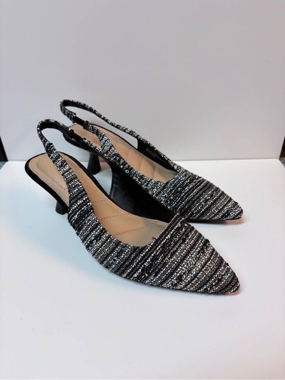 Kelly & Katie Black Metallic Striped Slingback Heels